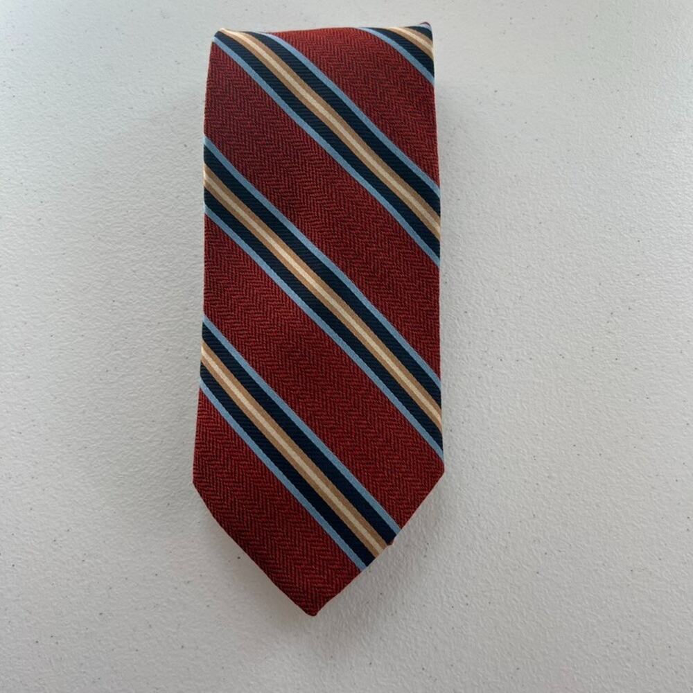 Brooks Brothers Red Herringbone Blue Gold Rep Stripe Pure Silk Neck Tie 60"